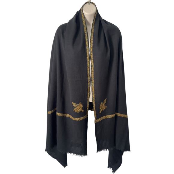 Pure New Wool Woolmark Bordered Sozni Hand Embroidered Black Wrap Shawl Centex - Picture 1 of 12